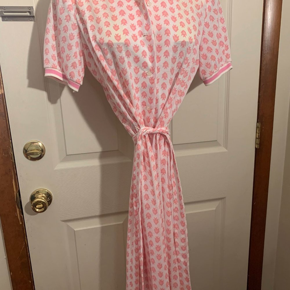 Vintage 1970s Shirt Dress Size Large Pink Fish Pattern Mid Calf Tie Waist - Picture 3 of 8